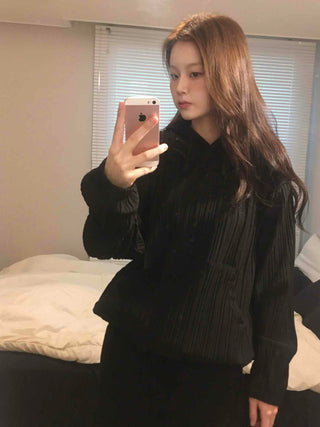 Ribbed Layered Loose Fit Knit Hoodie