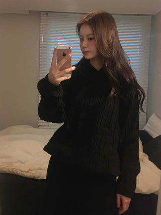 Ribbed Layered Loose Fit Knit Hoodie