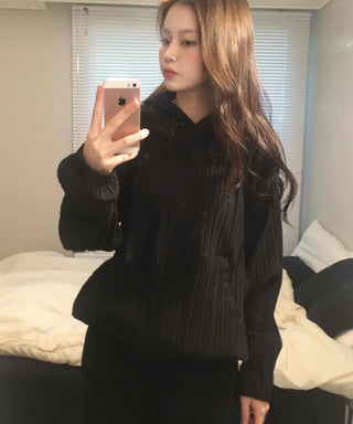 Ribbed Layered Loose Fit Knit Hoodie
