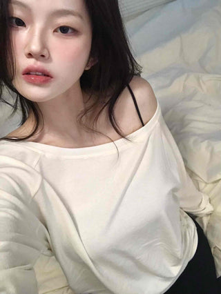 Soft Delicate Fit One-Shoulder Drop Long Sleeve T-shirt