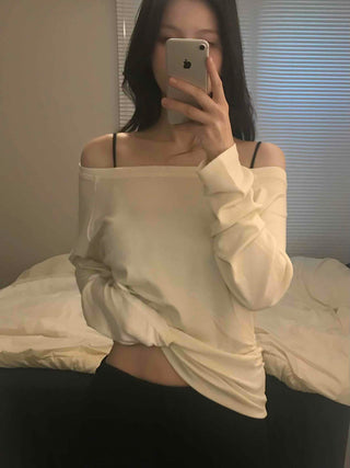 Soft Delicate Fit One-Shoulder Drop Long Sleeve T-shirt