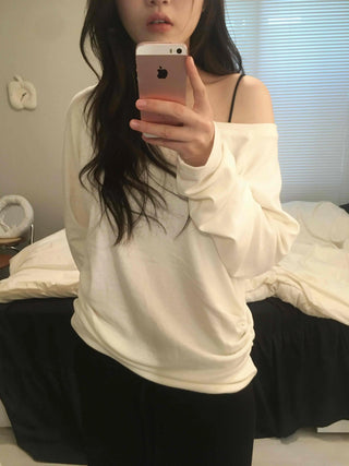 Soft Delicate Fit One-Shoulder Drop Long Sleeve T-shirt