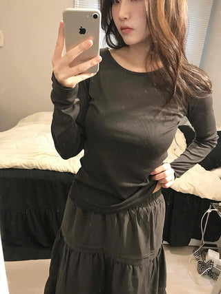 Silky Glossy Slim Fit Round Neck Long Sleeve Tee