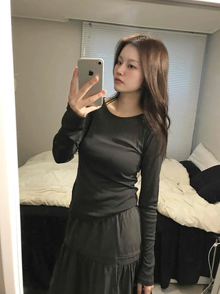 Silky Glossy Slim Fit Round Neck Long Sleeve Tee