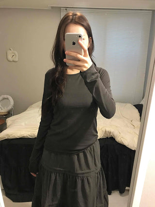 Silky Glossy Slim Fit Round Neck Long Sleeve Tee