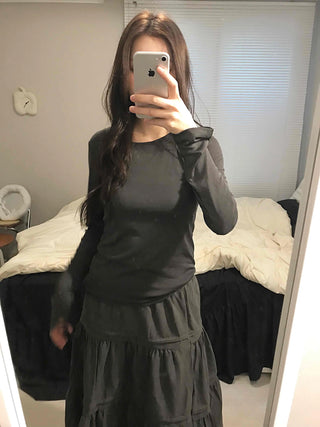 Silky Glossy Slim Fit Round Neck Long Sleeve Tee