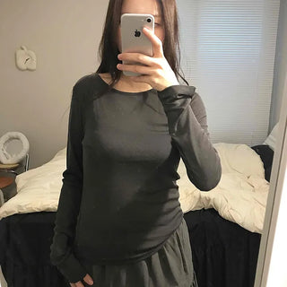 Silky Glossy Slim Fit Round Neck Long Sleeve Tee
