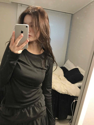 Silky Glossy Slim Fit Round Neck Long Sleeve Tee