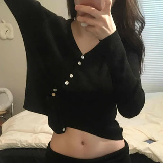 French Gold Button Cropped Slim Fit Cardigan