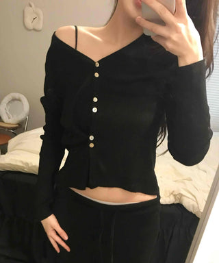 French Gold Button Cropped Slim Fit Cardigan