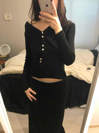 French Gold Button Cropped Slim Fit Cardigan