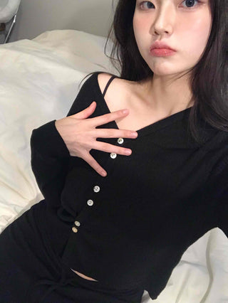 French Gold Button Cropped Slim Fit Cardigan