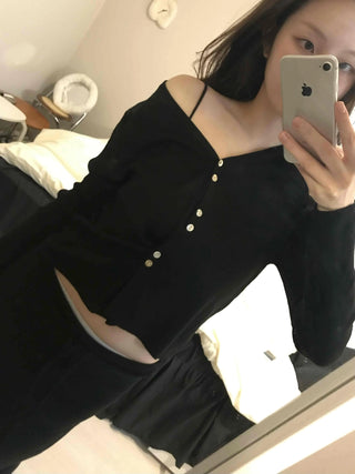 French Gold Button Cropped Slim Fit Cardigan