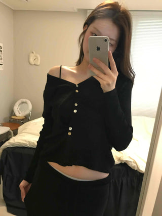 French Gold Button Cropped Slim Fit Cardigan