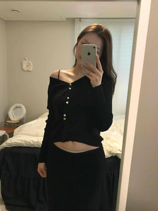 French Gold Button Cropped Slim Fit Cardigan