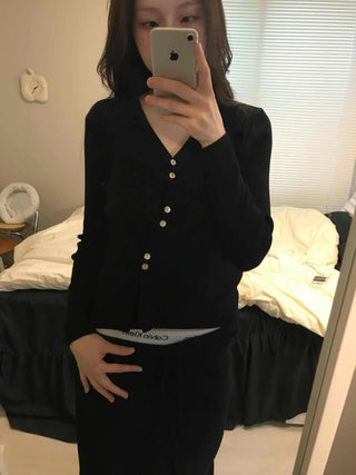French Gold Button Cropped Slim Fit Cardigan