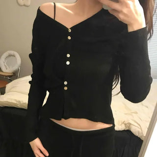 French Gold Button Cropped Slim Fit Cardigan