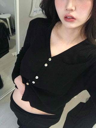 French Gold Button Cropped Slim Fit Cardigan