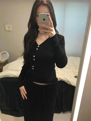 French Gold Button Cropped Slim Fit Cardigan