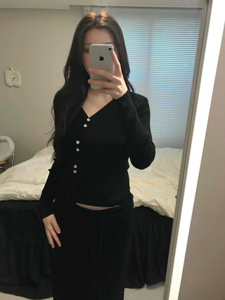 French Gold Button Cropped Slim Fit Cardigan