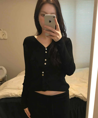 French Gold Button Cropped Slim Fit Cardigan