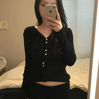 French Gold Button Cropped Slim Fit Cardigan
