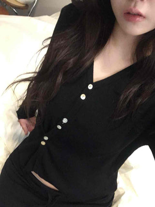French Gold Button Cropped Slim Fit Cardigan