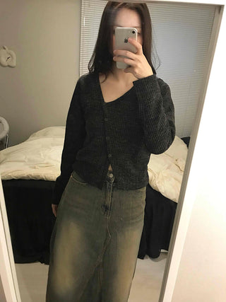 Rib Texture Cozy Fit Cropped V-Neck Cardigan