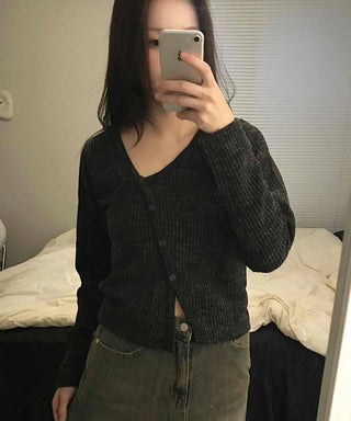 Rib Texture Cozy Fit Cropped V-Neck Cardigan