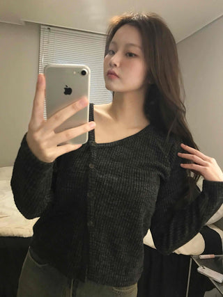Rib Texture Cozy Fit Cropped V-Neck Cardigan