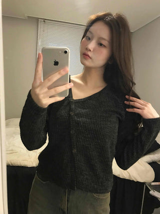 Rib Texture Cozy Fit Cropped V-Neck Cardigan