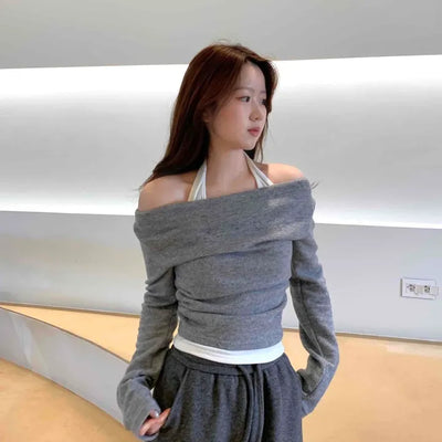 Off-shoulder Halter Shirred Drape Long Sleeve T-shirt