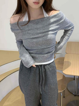 Off-shoulder Halter Shirred Drape Long Sleeve T-shirt