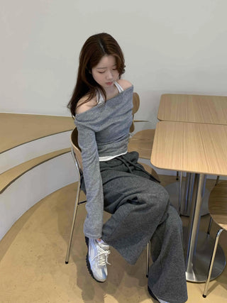 Off-shoulder Halter Shirred Drape Long Sleeve T-shirt