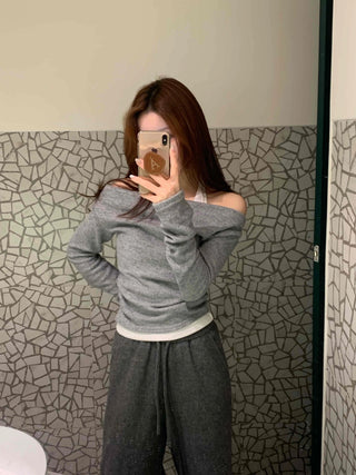 Off-shoulder Halter Shirred Drape Long Sleeve T-shirt