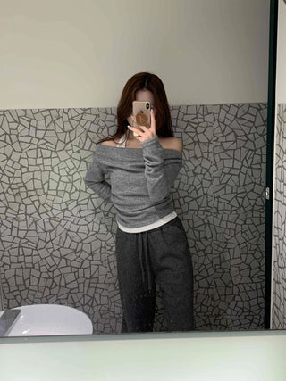 Off-shoulder Halter Shirred Drape Long Sleeve T-shirt