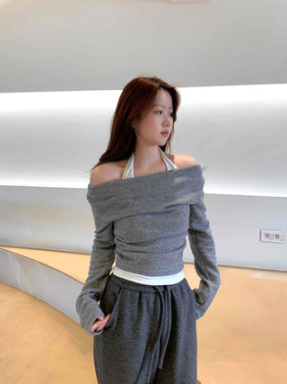 Off-shoulder Halter Shirred Drape Long Sleeve T-shirt
