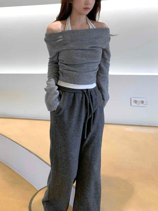 Off-shoulder Halter Shirred Drape Long Sleeve T-shirt