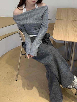 Off-shoulder Halter Shirred Drape Long Sleeve T-shirt