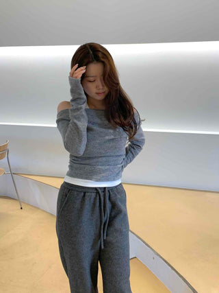 Off-shoulder Halter Shirred Drape Long Sleeve T-shirt
