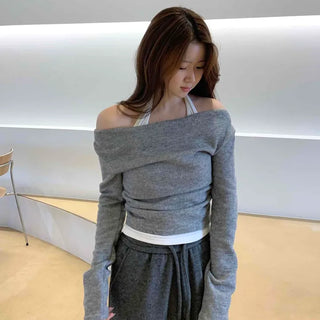 Off-shoulder Halter Shirred Drape Long Sleeve T-shirt