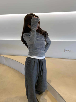Off-shoulder Halter Shirred Drape Long Sleeve T-shirt