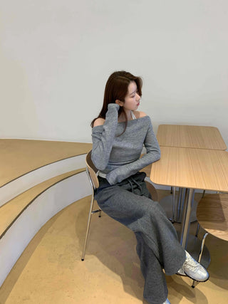 Off-shoulder Halter Shirred Drape Long Sleeve T-shirt
