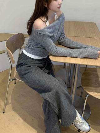 Off-shoulder Halter Shirred Drape Long Sleeve T-shirt