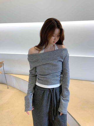Off-shoulder Halter Shirred Drape Long Sleeve T-shirt