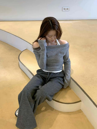 Off-shoulder Halter Shirred Drape Long Sleeve T-shirt