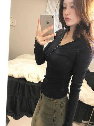 Gold Studded Henley Drop Shoulder Basic Long Sleeve Tee