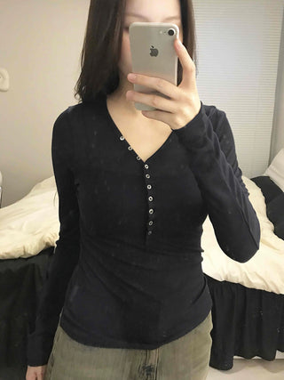 Gold Studded Henley Drop Shoulder Basic Long Sleeve Tee