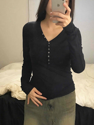 Gold Studded Henley Drop Shoulder Basic Long Sleeve Tee
