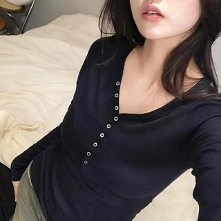 Gold Studded Henley Drop Shoulder Basic Long Sleeve Tee